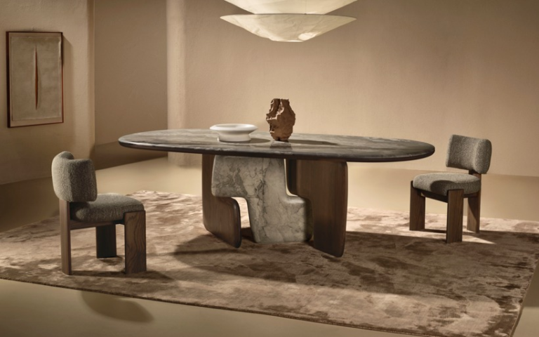 Elegant Italian stone-top dining table set.