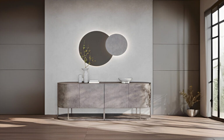 Minimalist Italian stone buffet with integrated accent lighting.